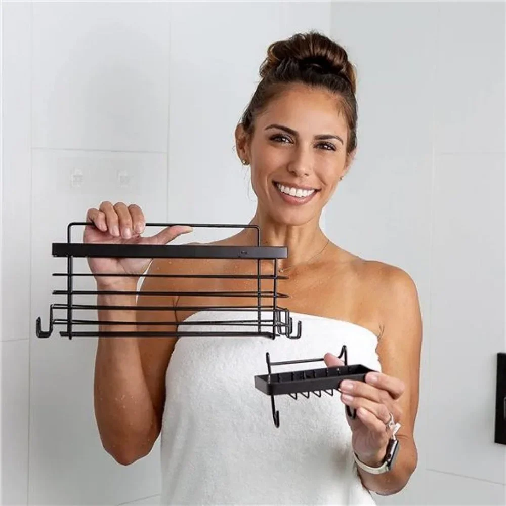 Shower Wall Caddy with Removable Soap Holder – 6 Sturdy Hooks for Storage